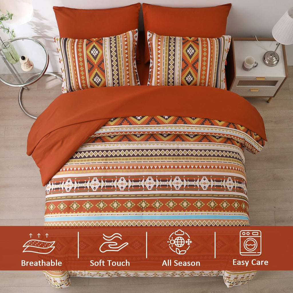 Burnt Orange/Terracotta Comforter Set King, Lightweight Boho Bed in A Bag King Size 7 Piece Aztec Fall Bedding Set