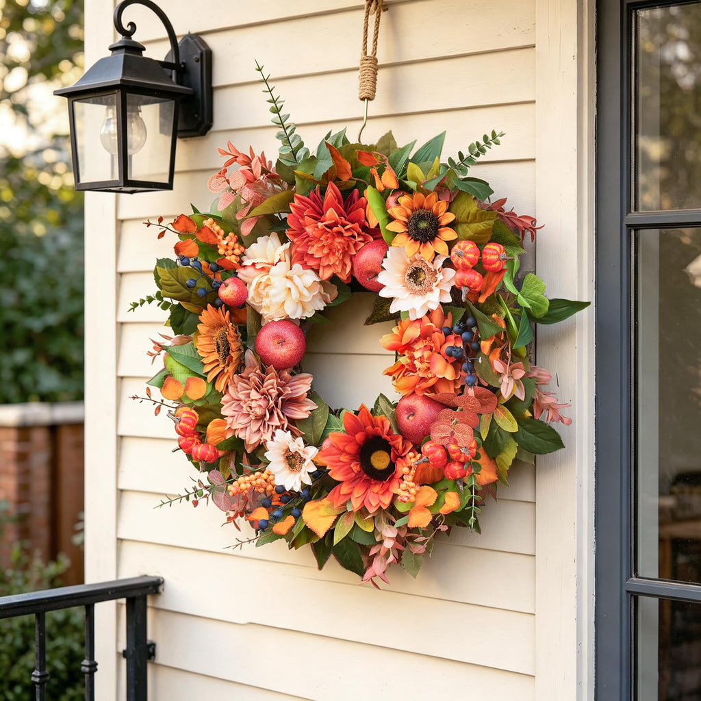 24 Inch Fall Wreaths for Front Door, Apple Wreath Artificial Autumn Wreath