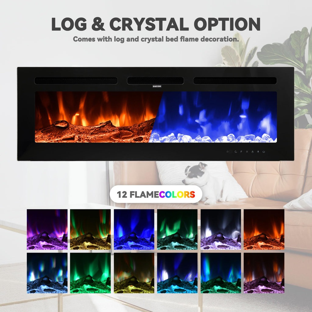 50 Inch Electric Fireplace Wall Mounted and Recessed LED Fireplace with Remote Control 8h Timer, 12 Flames, Touch