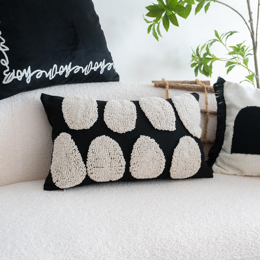 Black White Boho Chunky Tufted Pillow Cover, Neutral Decorative Oblong Throw Pillow Case, Geometric Woven Modern Sham