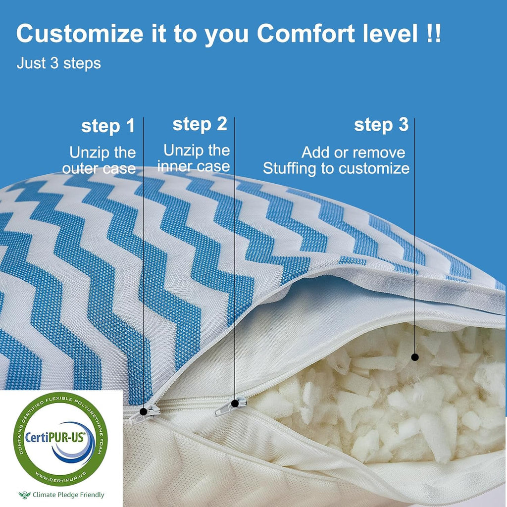Pillows Queen Size Set of 2- Adjustable Firm Shredded Memory Foam Pillows - Side Sleeper Bed Pillows for Adults with