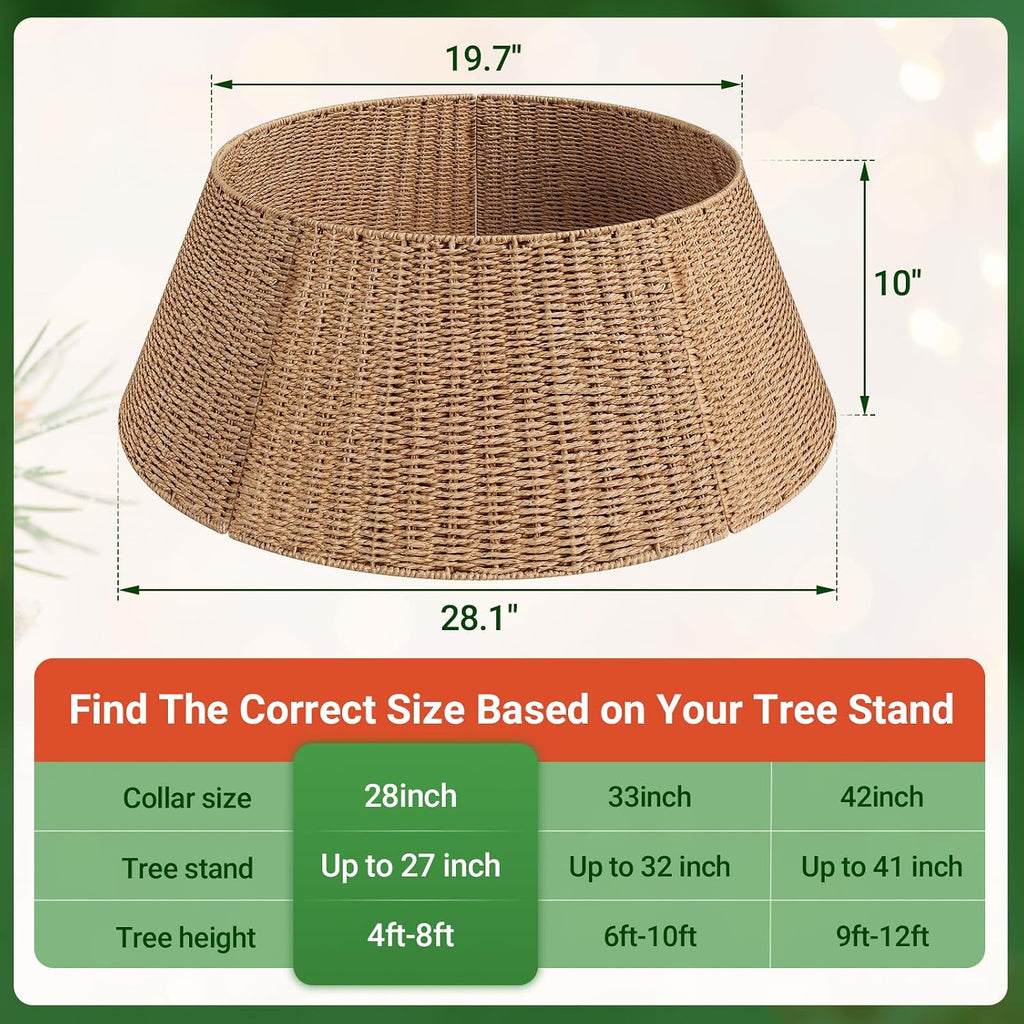 28" Christmas Tree Collar, Woven Paper Rope Xmas Tree Skirt, Rustic | Rustic Farmhouse Tree Base Cover with Cord