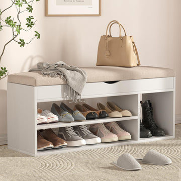 39 Inches Storage Bench with Padded Cushion, Shoe Bench with Storage Space, Upholstered Entryway Bench, 2-Tier Shoe