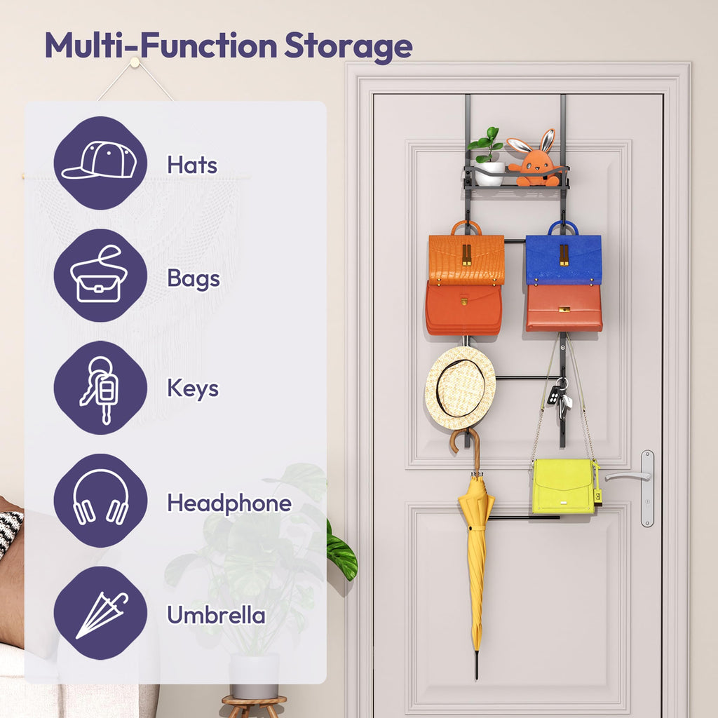 Over The Door Purse Organizer - Wall Mounted Purse Rack with 10 Hooks and Metal Basket, Handbag Hanger Organizer