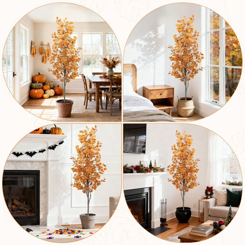 6FT Fall Artificial Eucalyptus Tree with Wicker Basket, Orange Potted Faux Eucalyptus Trees, Autumn Fake Eucalyptus