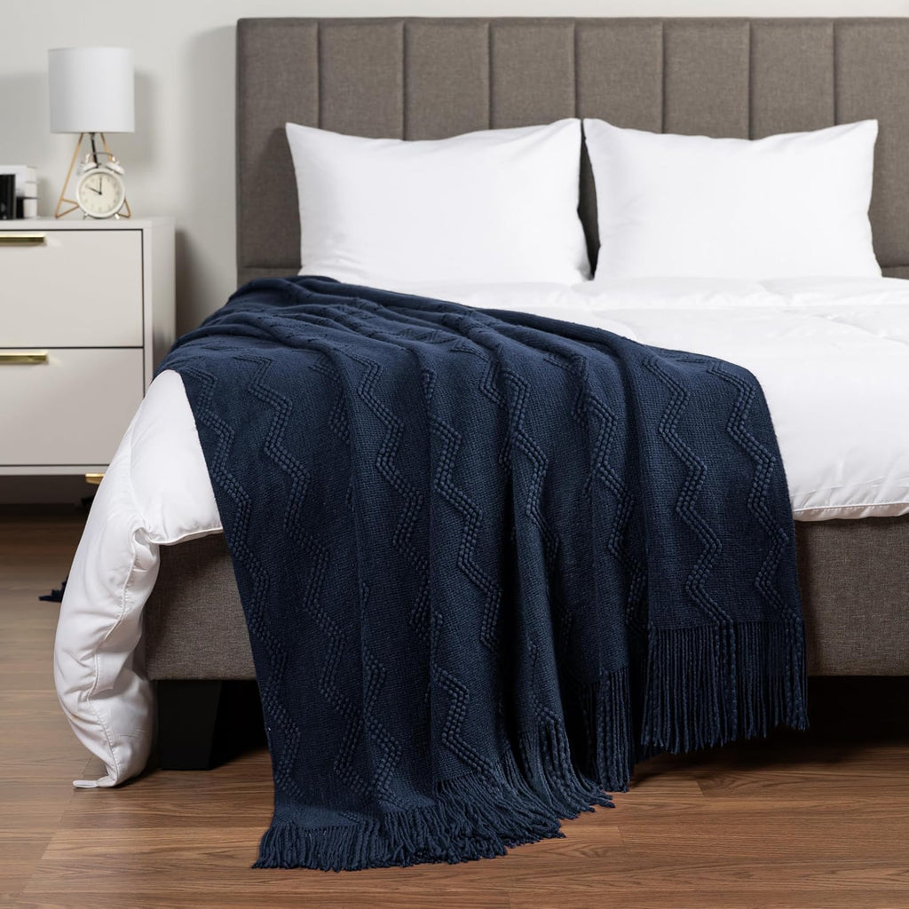 Navy Blue Knit Throw Blanket, Soft Knitted Farmhouse Sofa Throw, Lightweight Decorative Summer Throw Blanket for
