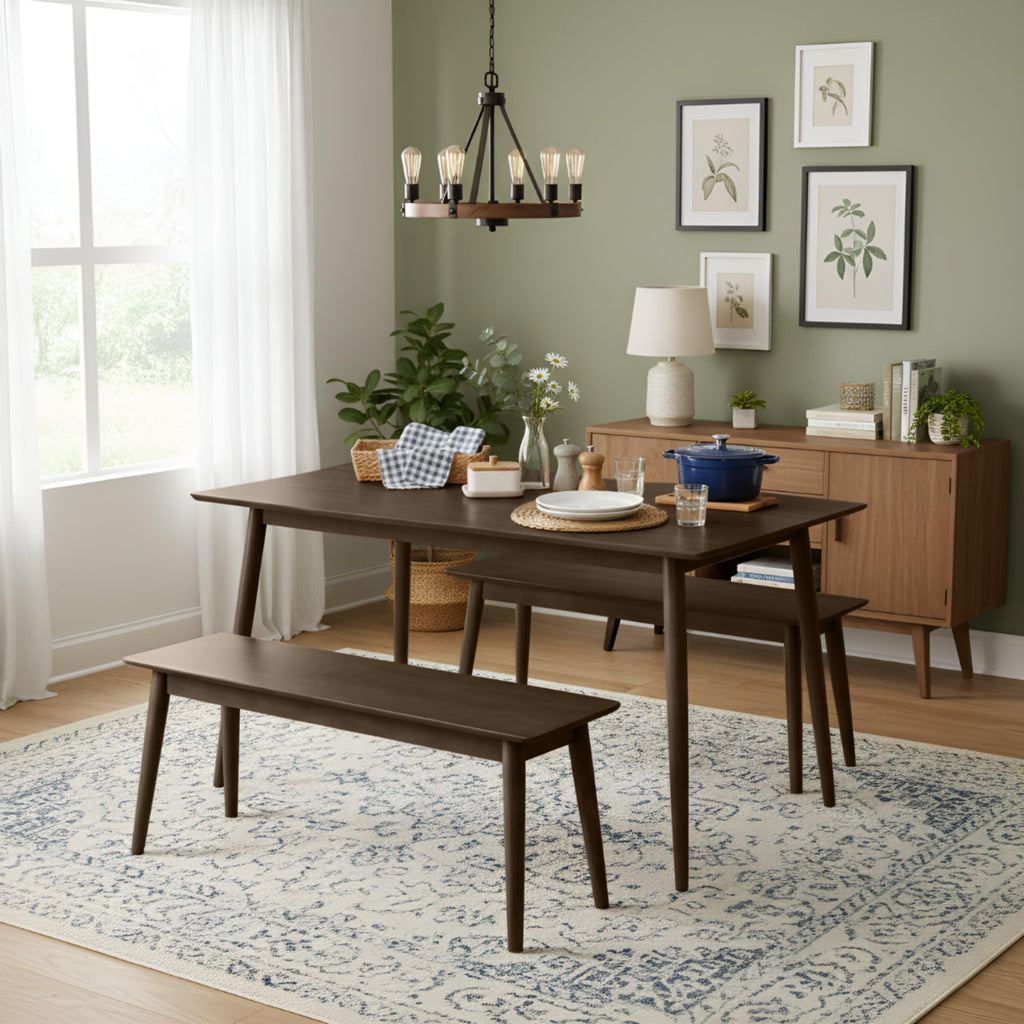Calais Wooden Dining Table Set for 4 with Benches, Warm Walnut