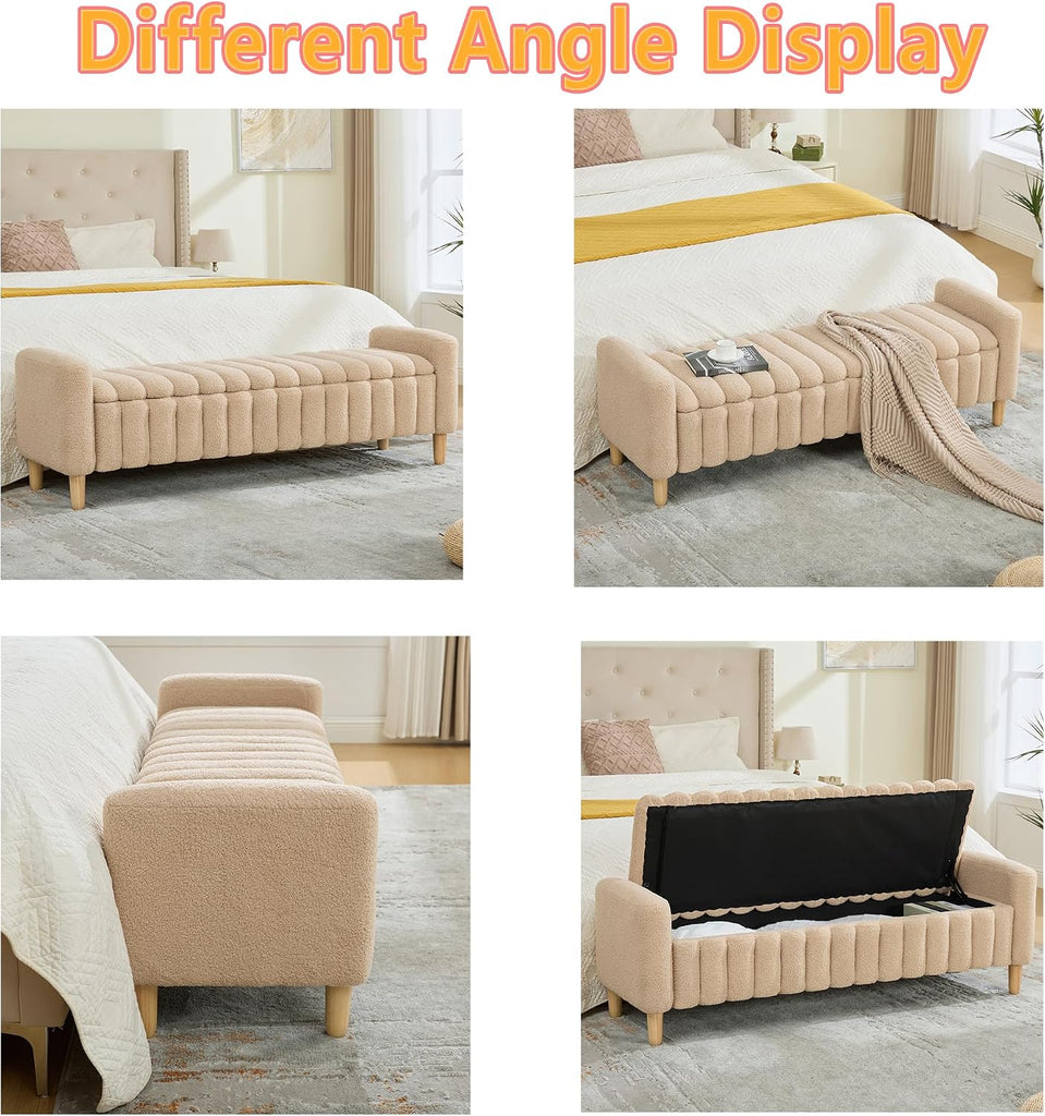 Teddy Ottoman Bench with Storage,63.4" Armed Long Storage Benches for Bed End King Size,Channel Tufted Bedside Bench