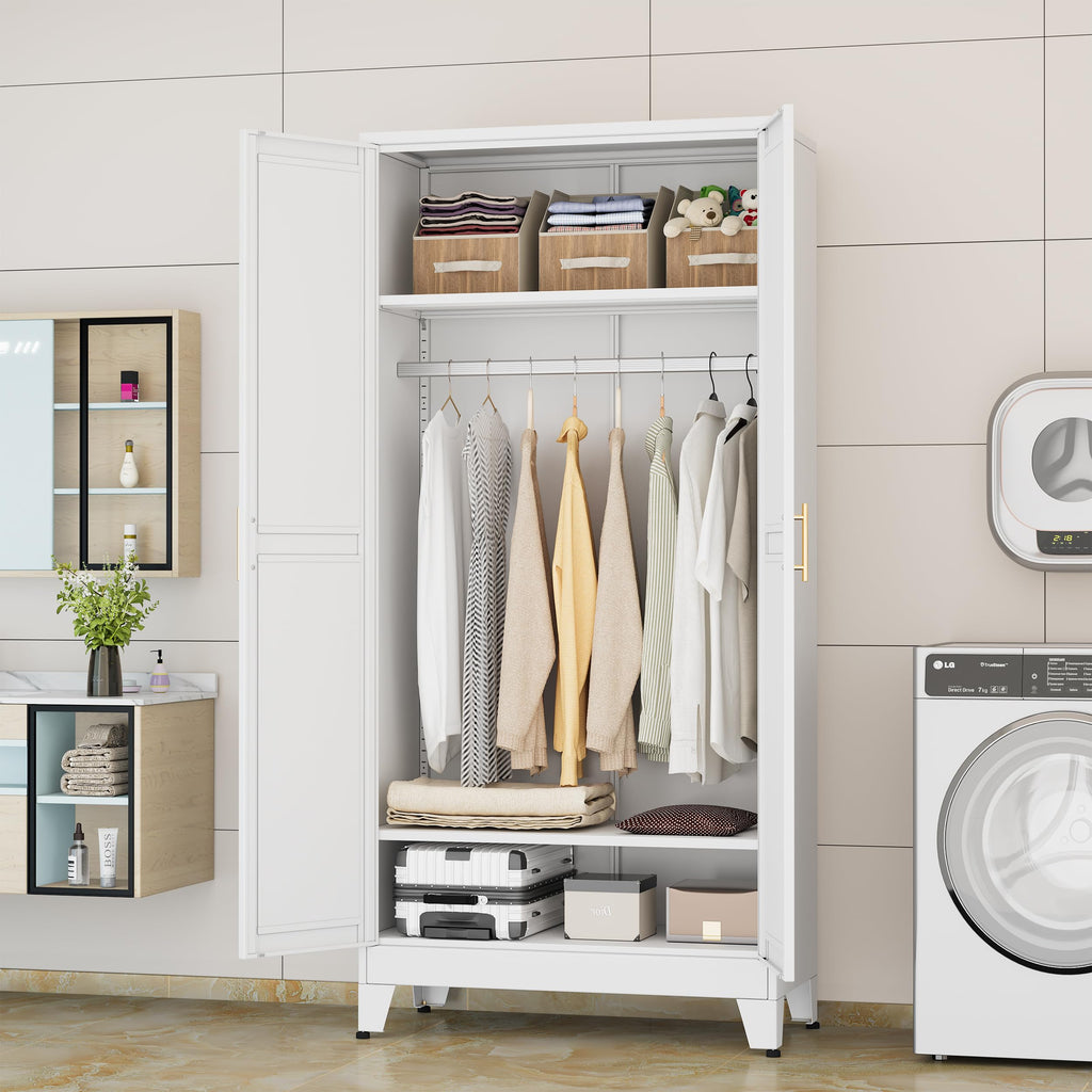 71 "Metal Armoire Wardrobe Closet, Steel Clothing Storage Cabinet with Adjustable Shelves and Hanging Rod, Household