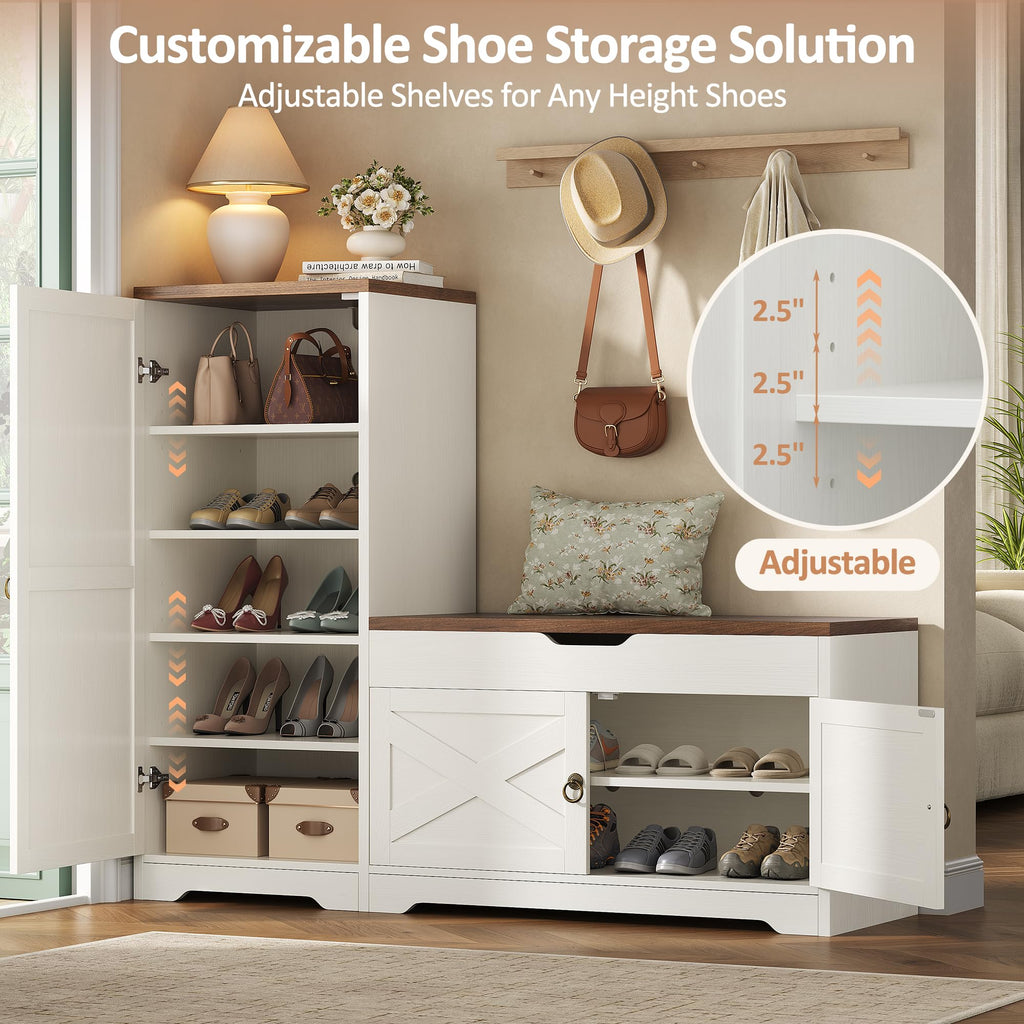 47'' Shoe Cabinet with Bench Seat, 7-Tier Shoe Storage Bench with Hidden Lift Top Storage and Adjustable Shelves