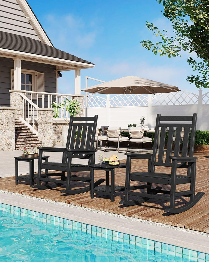 HDPE Rocking Chair Outdoor Set of 2 with Side Table, High Back Rocker | All Weather Resistant & Wood Textured