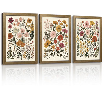 3pc Framed Canvas Floral Wall Art Vintage Plant Wildflower Painting Poster Print Suitable Bedroom Gallery Wall