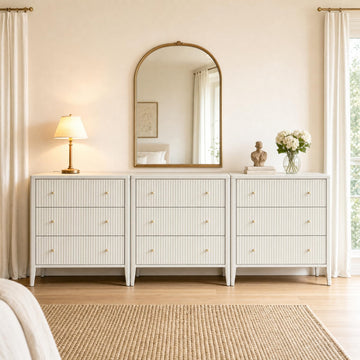 Fluted 3 Drawer Dresser Set of 3, 34" Wide Chest of Drawers, Modern Wood Nightstand End Table with Metal Handles