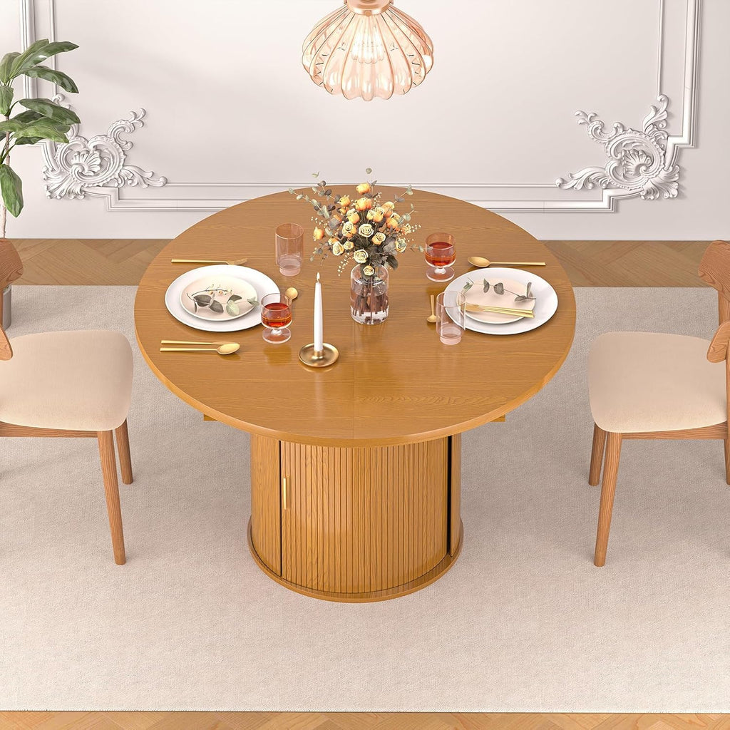 47"-63" Extendable Round Dining Table for 4-8 with Storage, Mid Century Modern Farmhouse Wood Oval Dinner Table with