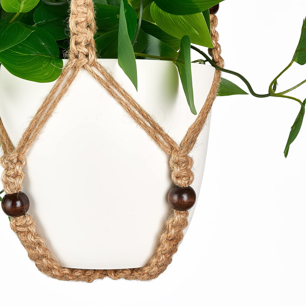 Fake Hanging Plant, Macrame Hanger with Pothos Vines & Pot, Brown