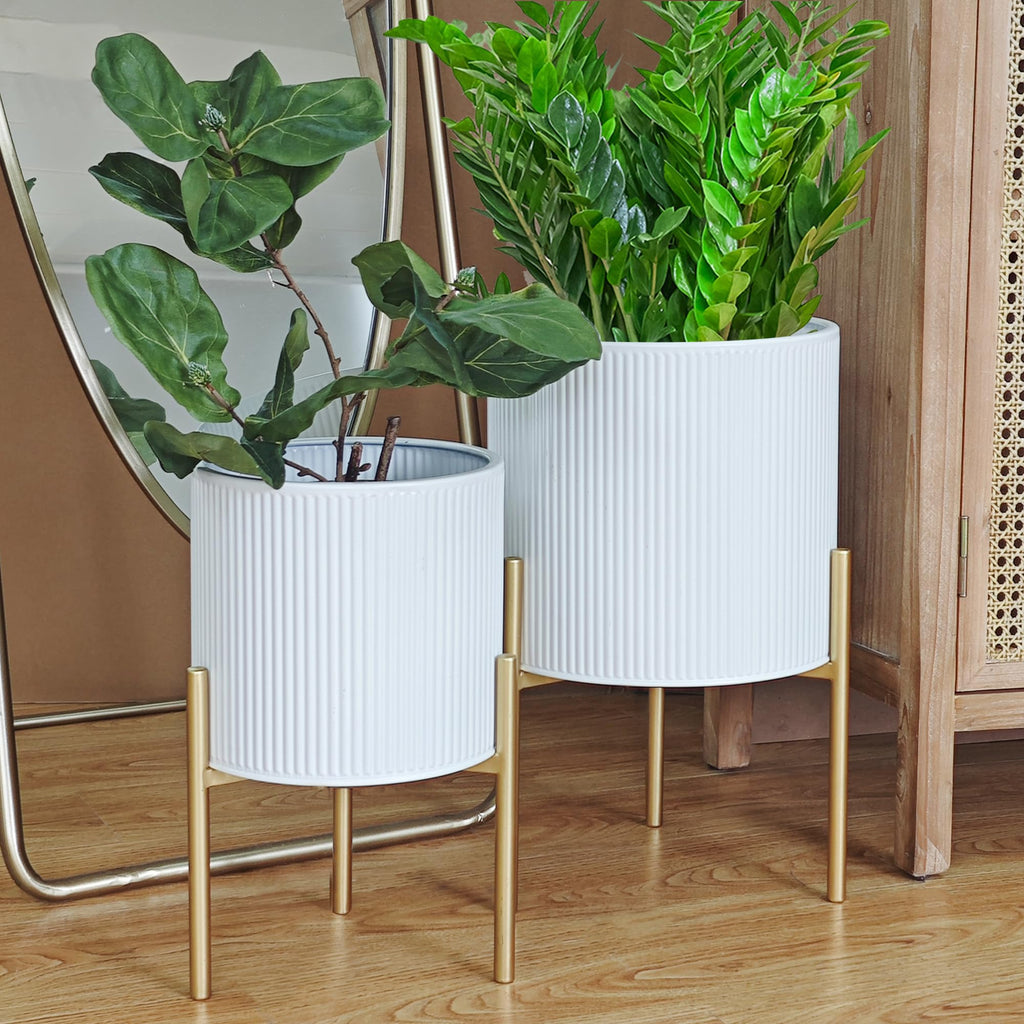 Modern Planter Pots, Set of 2 Round Large Planters with Stand, Decorative Floor Planters, Metal Pots with Drainage