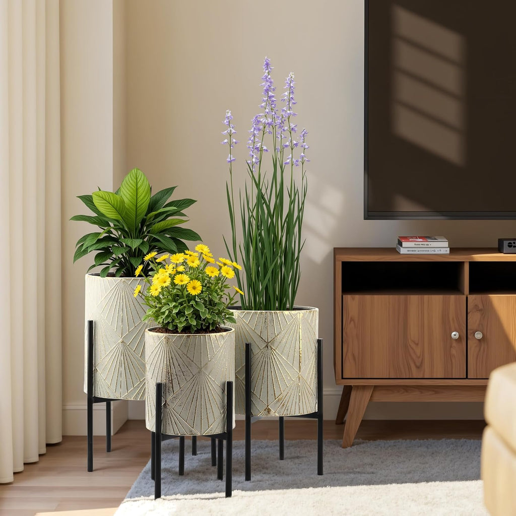 LuxenHome Planters for Indoor Plants, Set of 3 Floor Plants Pots with Stand | Modern Decorative Metal Flower Pots