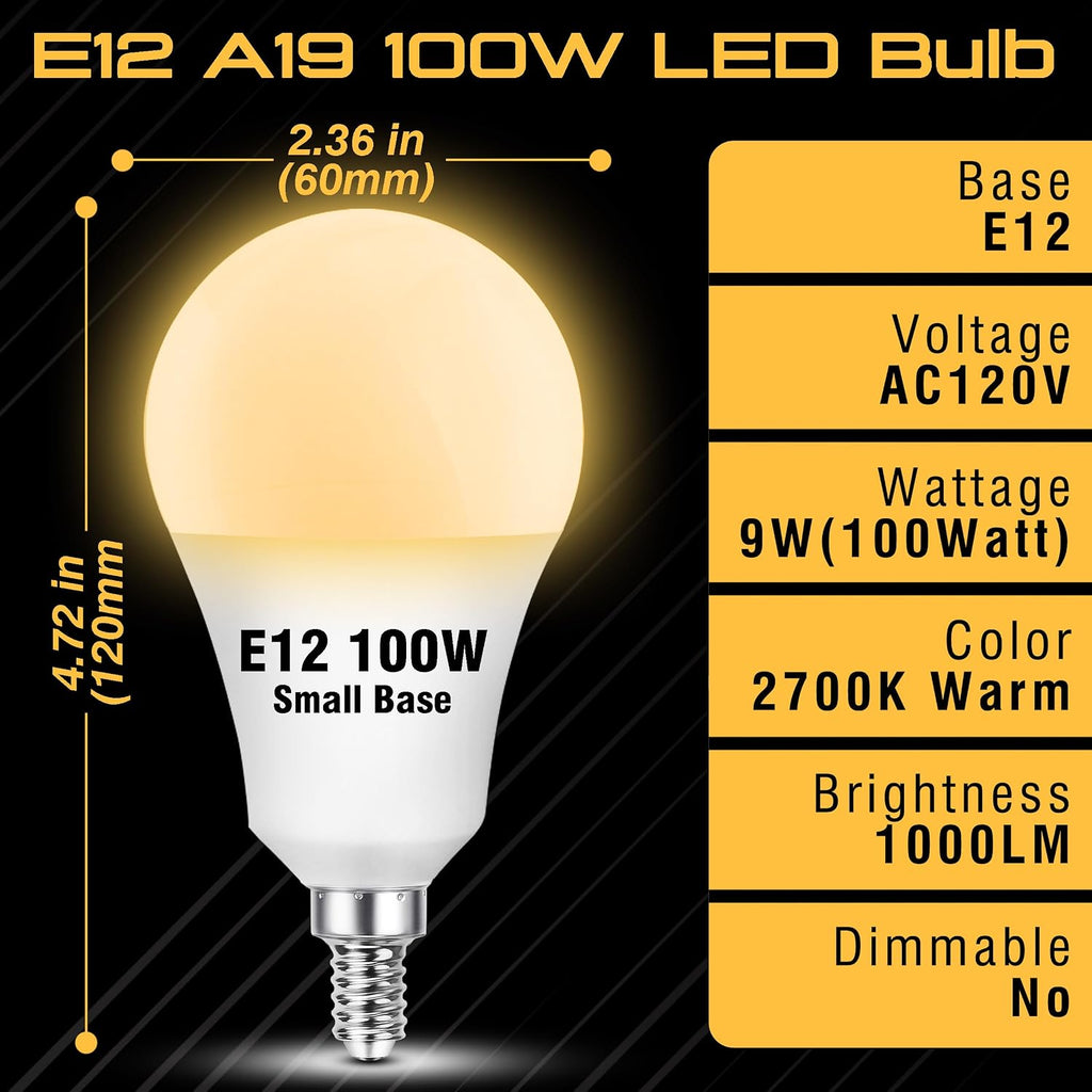 E12 A19 100W Equivalent LED Candelabra Light Bulbs 2700K Warm White, 1000LM