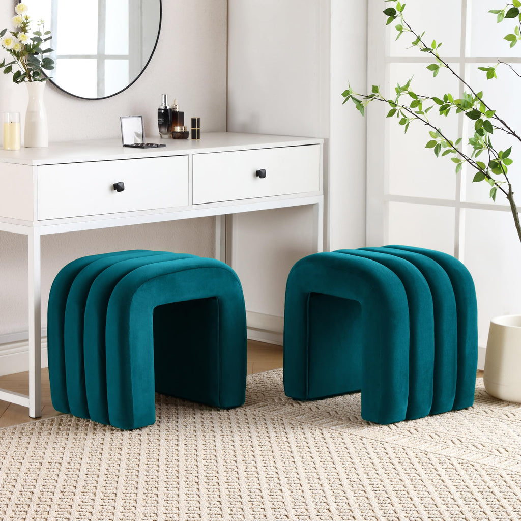 Small Ottoman Set of 2, Vanity Stools with Aesthetic Channel Tufted, Ottoman Foot Stool, Upholstered Foot Rest Extra