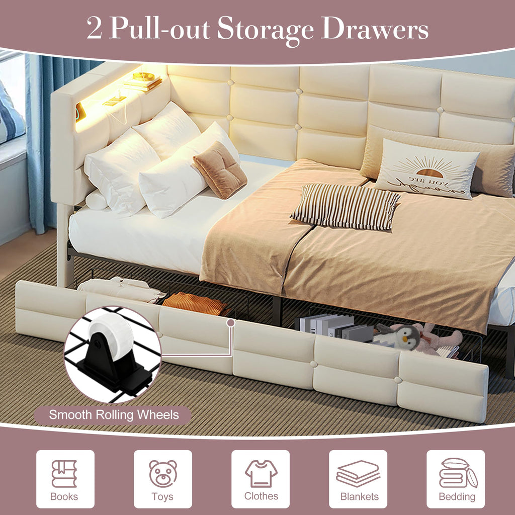 Twin Corner Bed with Storage and Led Lights, Upholstered Twin Size Daybed with Storage Drawers and Charging Station