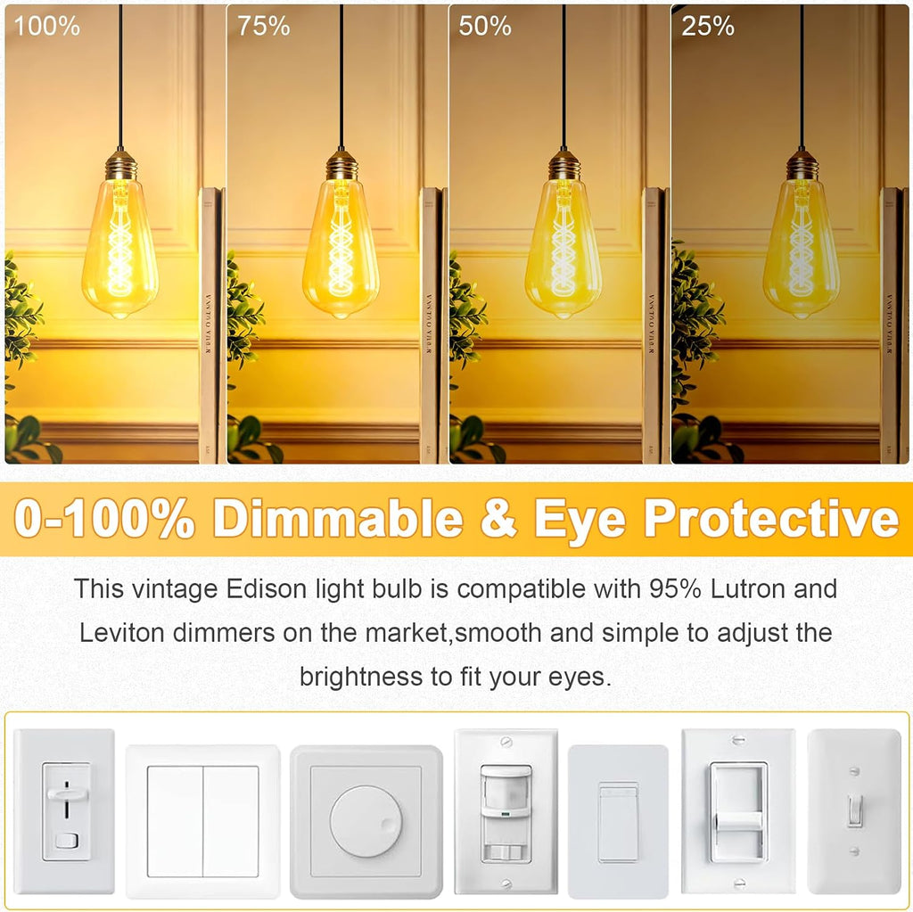 ST64 4W=40w Dimmable Vintage Edison Light Bulbs Amber Glass 2200K(4PCS)