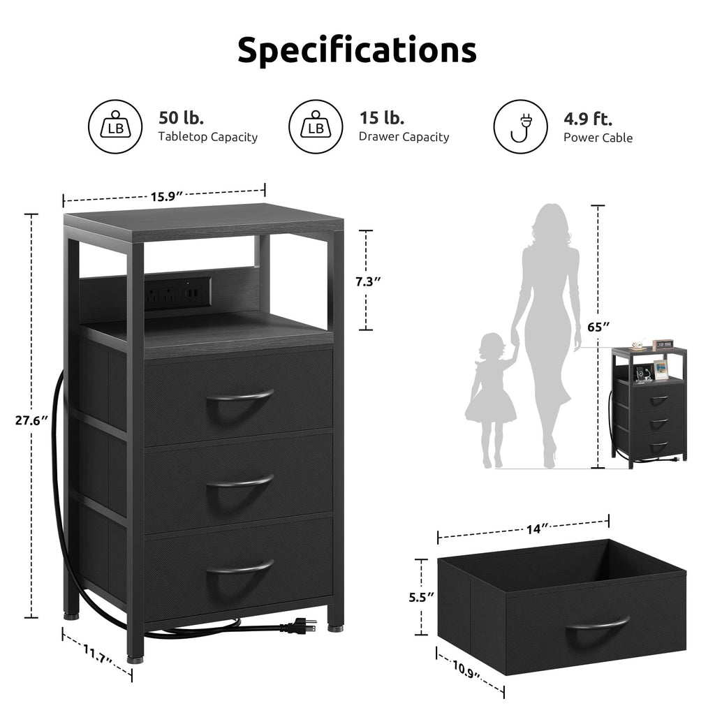 Night stand with Charger Station, 3 Fabric Drawers, Black