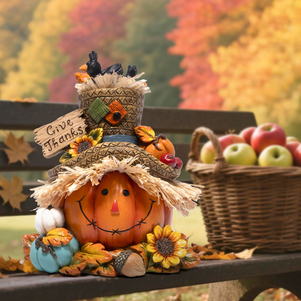 Fall Pumpkin Figurine with Give Thanks Sign, Thanksgiving Decorations