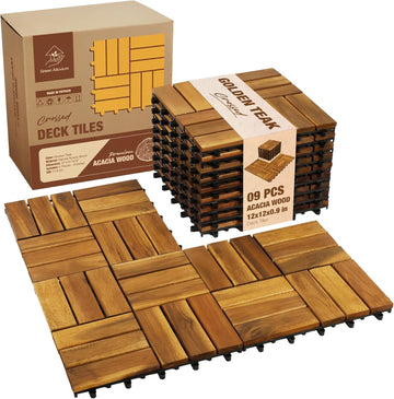 Premium Acacia Wood Interlocking Deck Tiles, 9 PCS 12"x12"x0.9" Patio Flooring, Waterproof Decking Tiles for Balcony