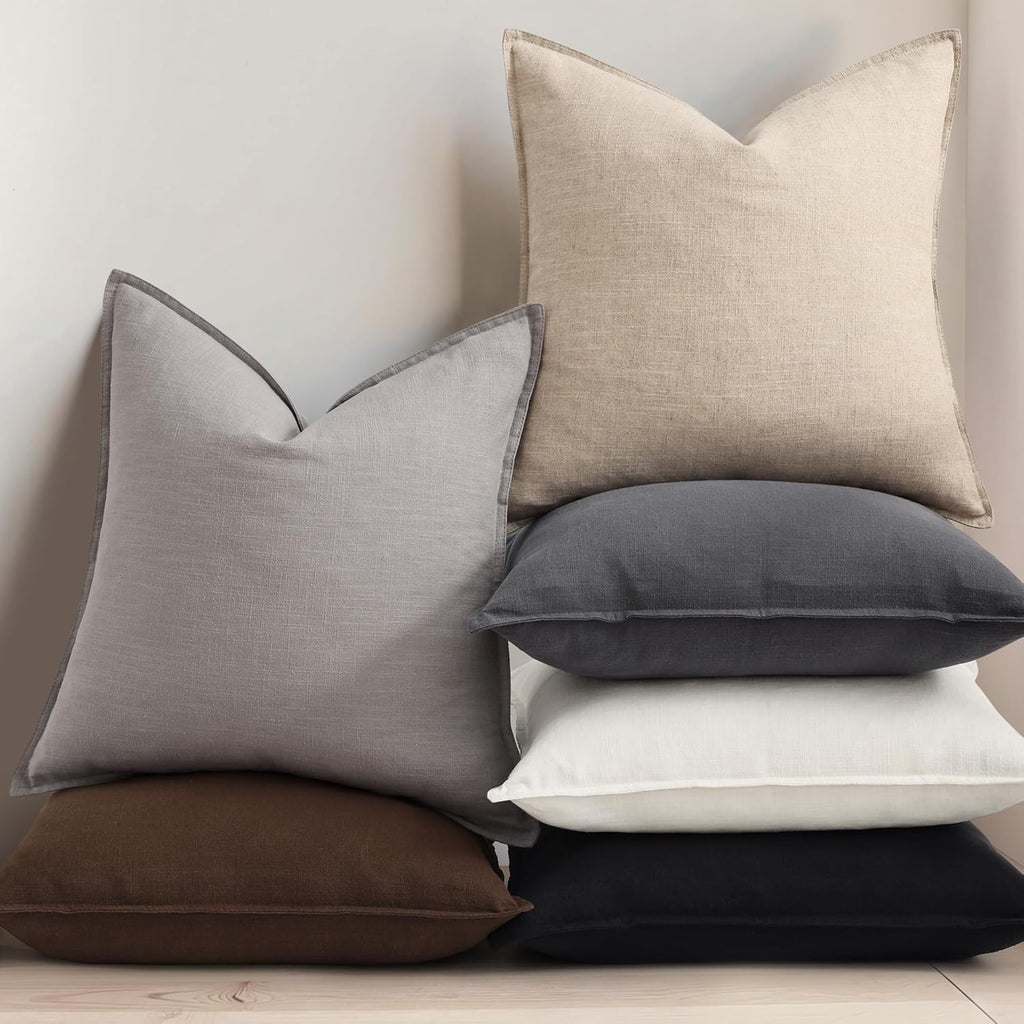 Summer Decorative Linen Throw Pillow Covers 18x18 Inch Set of 2 Light Grey Pillow Covers with Flange Edges Soft