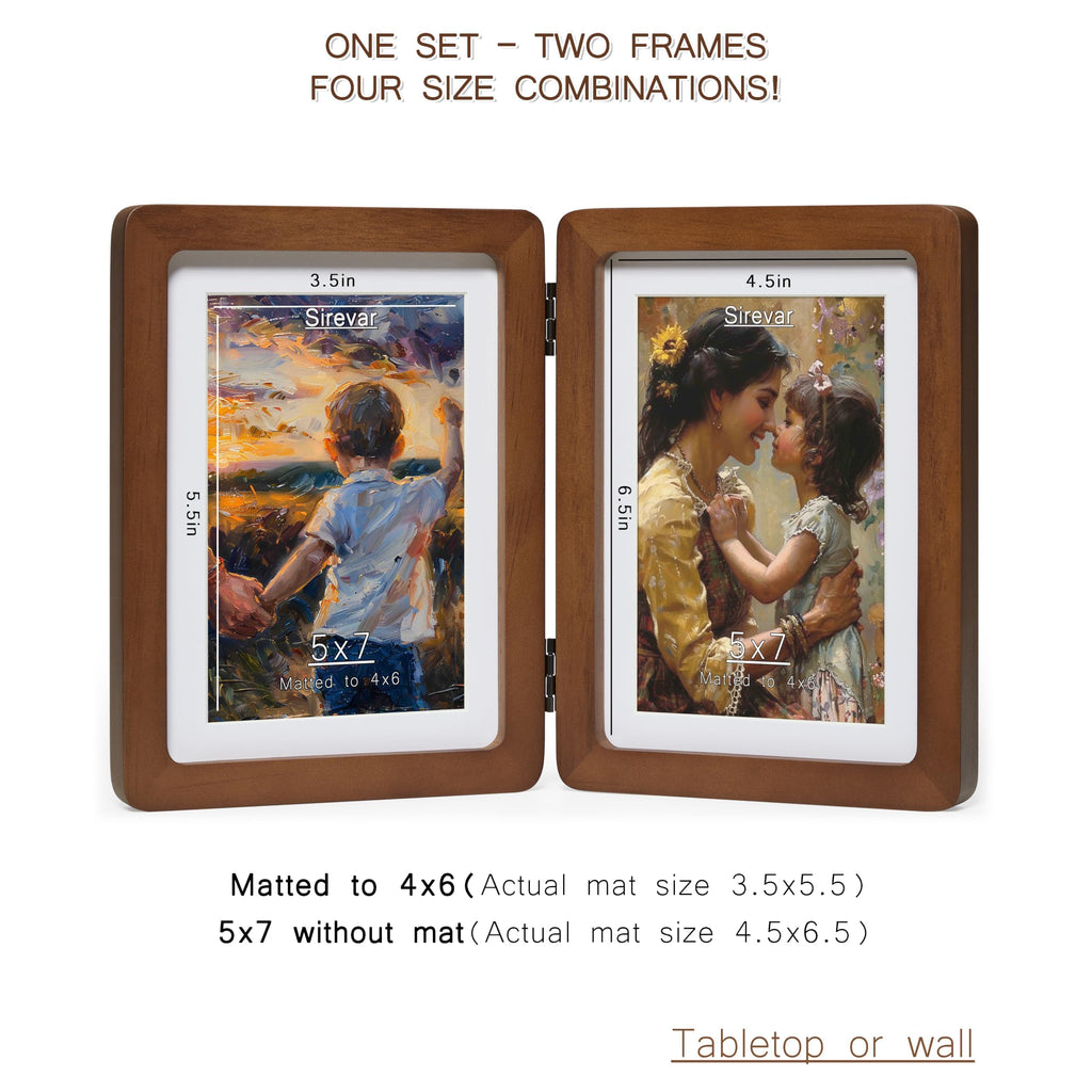 Hinged Double Picture Frame 5x7, Vertical Folding Pine Wood Frame with Real Glass, Matted to 4x6, Free-Standing