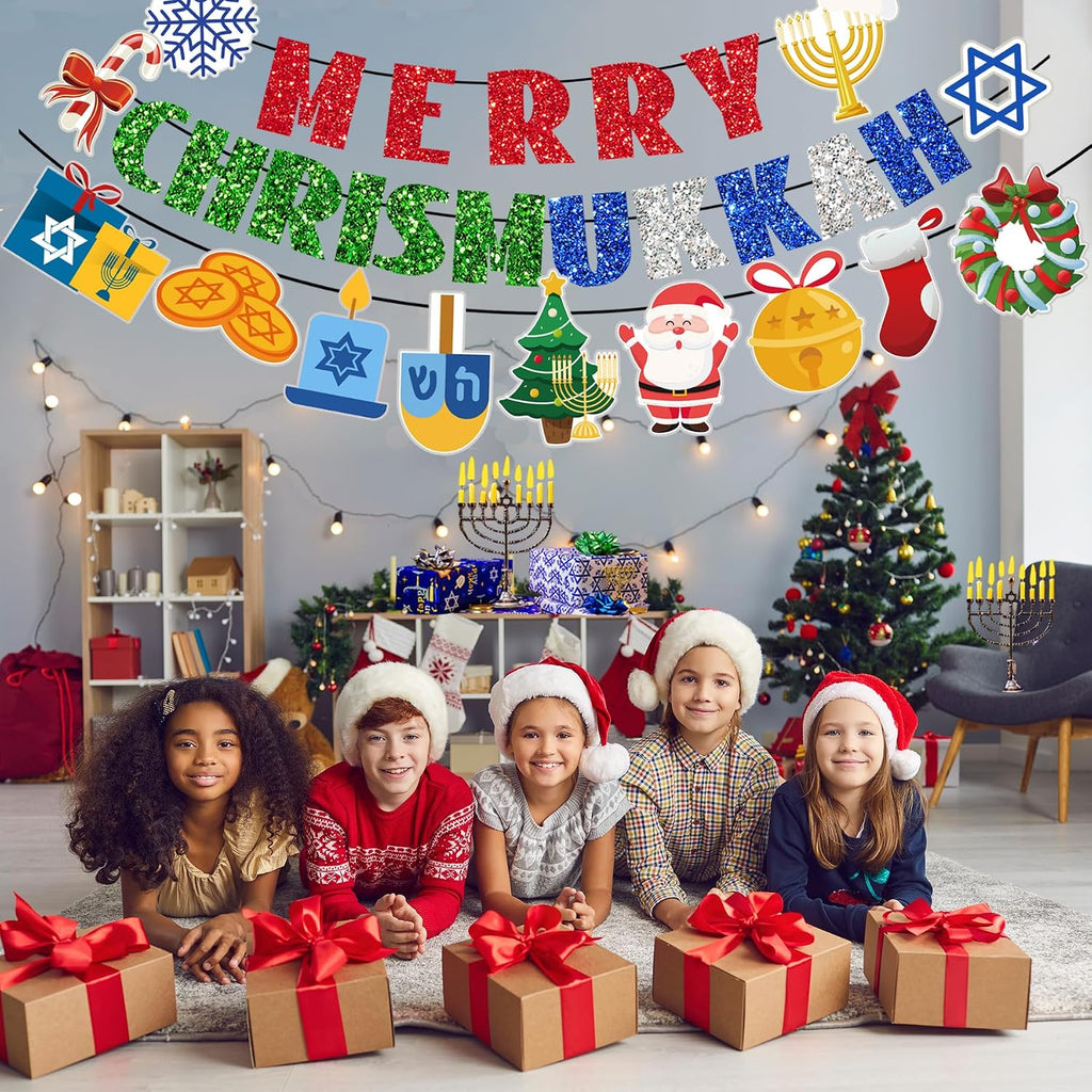 Merry Chrismukkah Banner Christmas and Hanukkah Decor Pre-Strung Hanukkah Chrismukkah Decorations Glitter Mixed - Set of 16