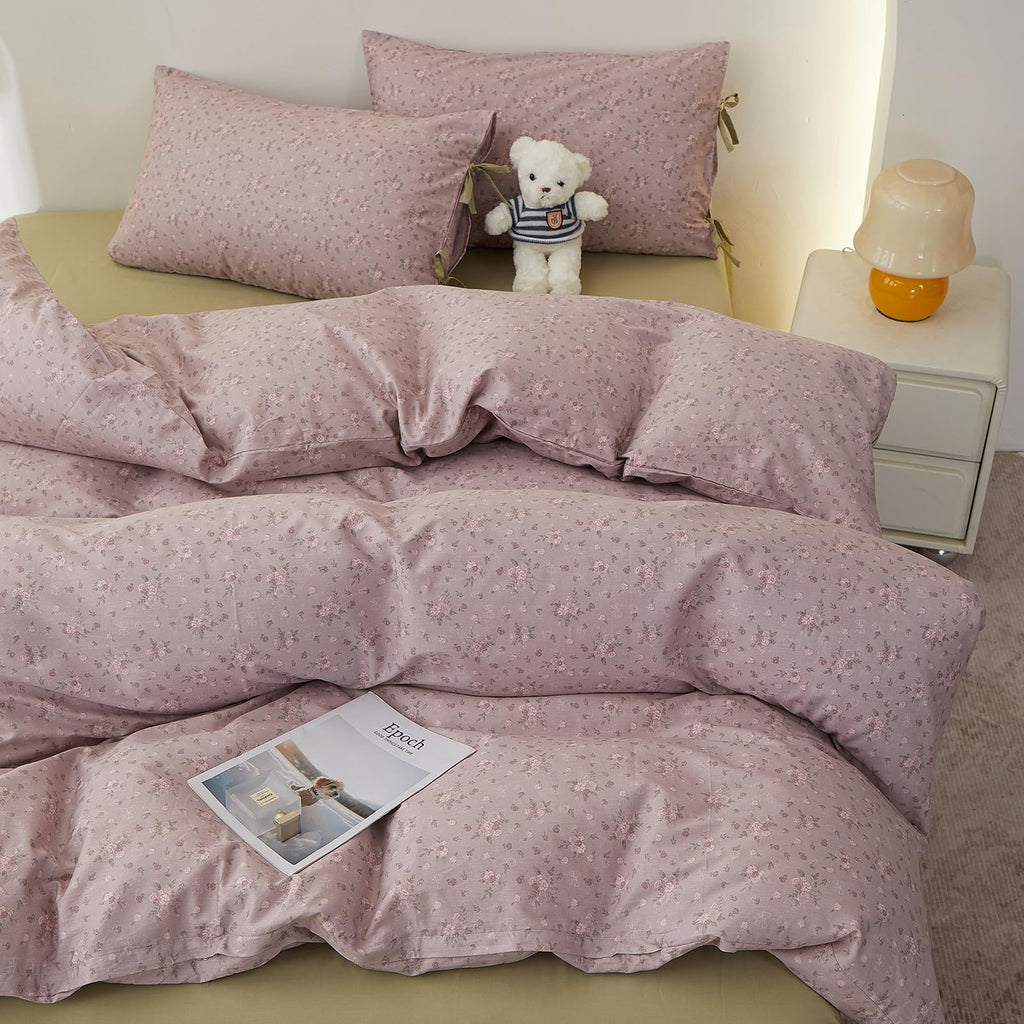 Boho Comforter Set King Size Floral Bedding Sets Soft Cotton Farmhouse Mauve Flower Comforters Fluffy with 2 Bowknot