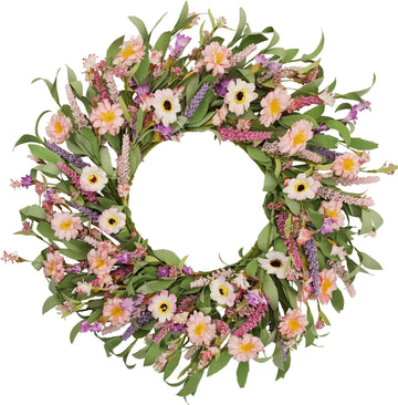 24 Inch Spring Summer Wreath for Front Door, Artificial Daisy & Lavender Flower Wreath with Eucalyptus Greenery