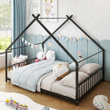 Metal Toddler Floor Bed with Slats & Fence, Black