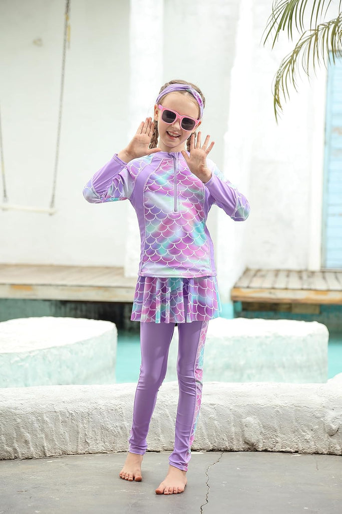 Girls Long Sleeve Rashguard Half Zip Swimsuits UPF 50+