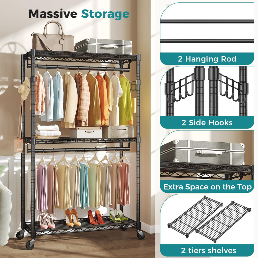 Rolling Clothes Rack, Heavy Duty Garment Rack, 35 IN, Black