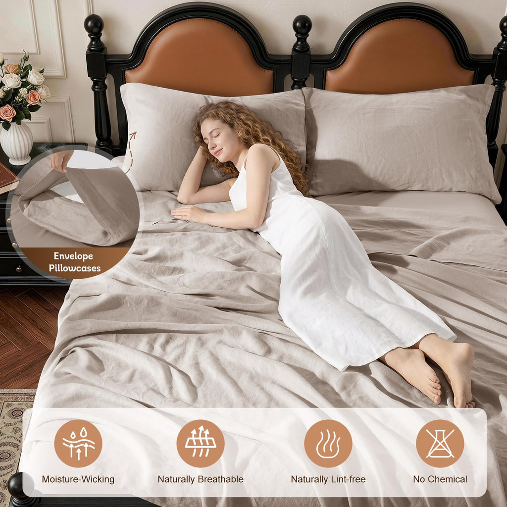 100% French Pure Linen Sheet Set, 19" Deep Pocket 4Pcs