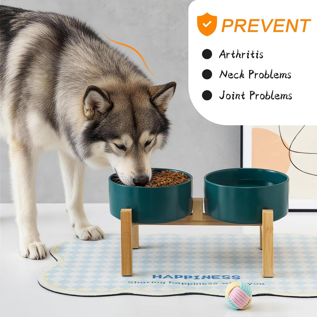 Elevated Ceramic Dog Bowl Set - Raised Dog Bowls with Non Slip Bamboo Stand, Food and Water Bowl Set for Kitty, Cats
