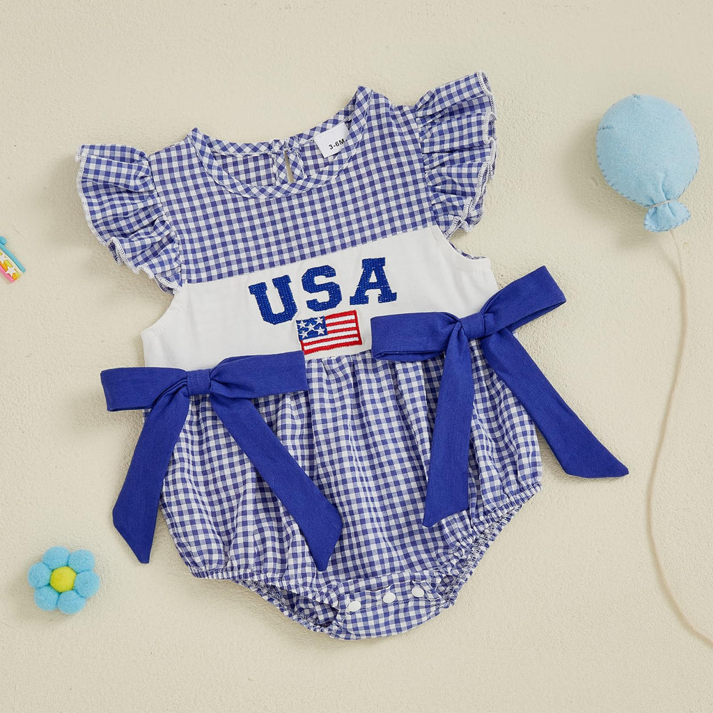 4th Of July Baby Girl Outfits Infant Bow Bubble Romper Newborn Usa Flag Top Summer Memorial Day Patriotic Clothes (A