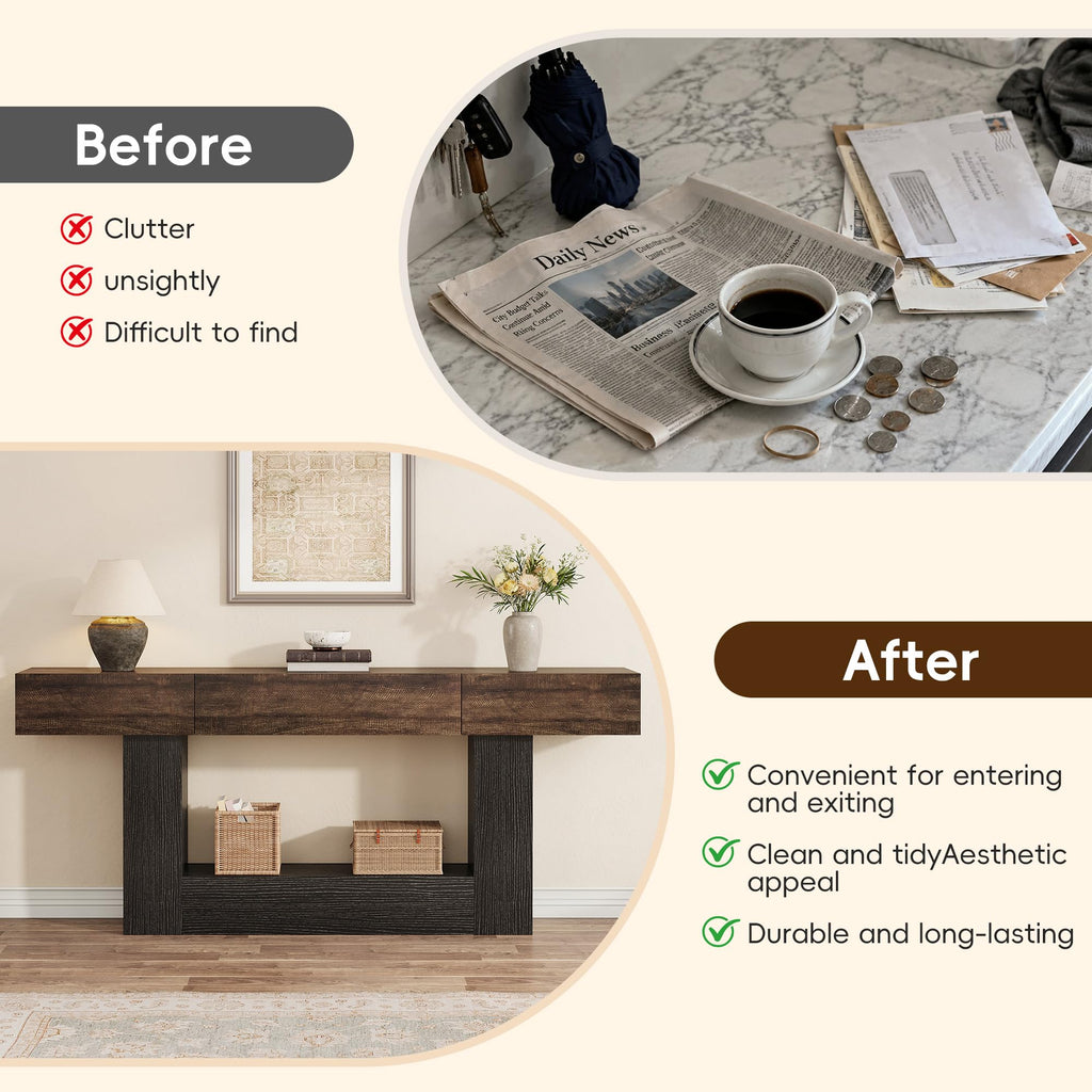 79" Long Farmhouse Console Table w 3 Storage Drawers, 2-Tier Entryway Table