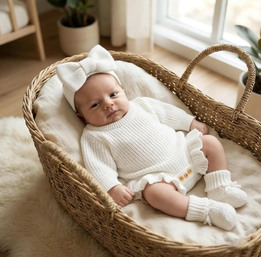 Cotton Newborn Set with Knit Sweater, Hair Band, Booties, Baby Girls