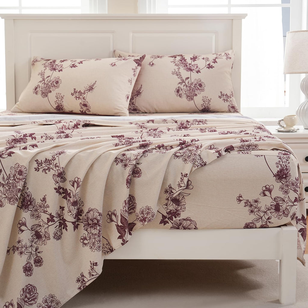 Sheets 100% Percale Cotton Red Floral Bed Sheet Set, Brushed Extra Softness, Breathable Luxury Toile
