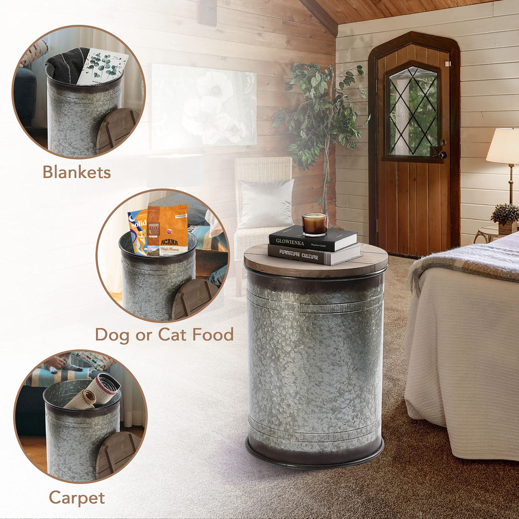 Rustic Storage Ottoman Seat Stool, Farmhouse Accent Side Table, Antique Galvanized Metal End Table Box Bin with Round