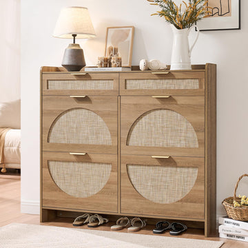 Rattan Shoe Storage Cabinet with 4 Flip Drawers & 2 Drawers, Freestanding Organizer for Front Door Entrance, Hidden