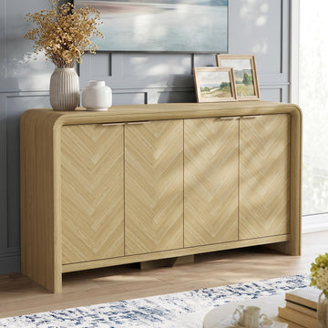55" Buffet Cabinet with Storage, Herringbone Sideboard Cabinet, Oak