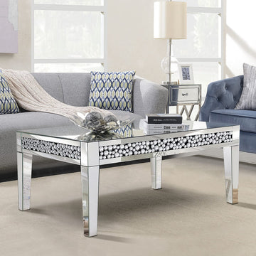 Rectangle Mirrored Coffee Table, Silver Living Room Table with Cryatal Diamond Inlay, Modern Luxury Mirrored