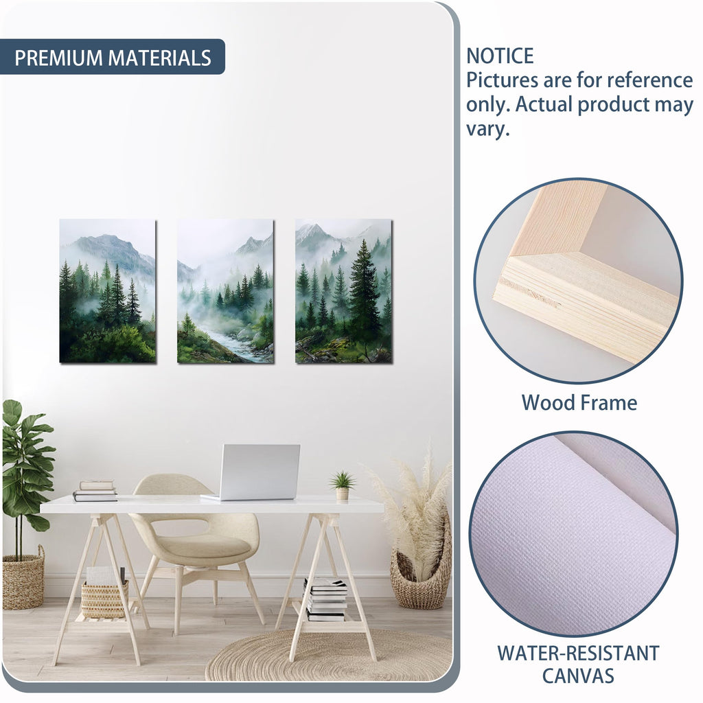 Misty Forest Wall Art Green Mountain Landscape Canvas Prints Nature Tree River Artwork Bedroom Office Home Decor