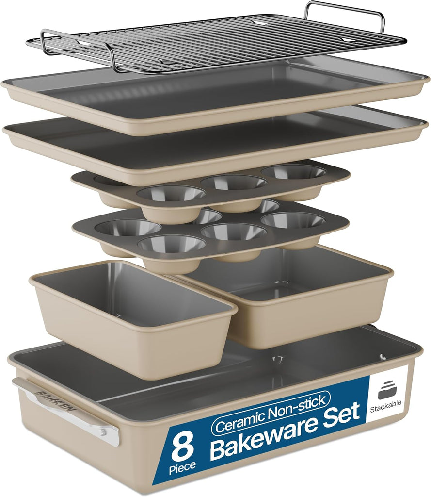 Bakken 8-Piece Ceramic Coated Bakeware Sets, Nonstick Aluminized Steel Pans with Muffin, Loaf, Cake, Roasting Pan, &
