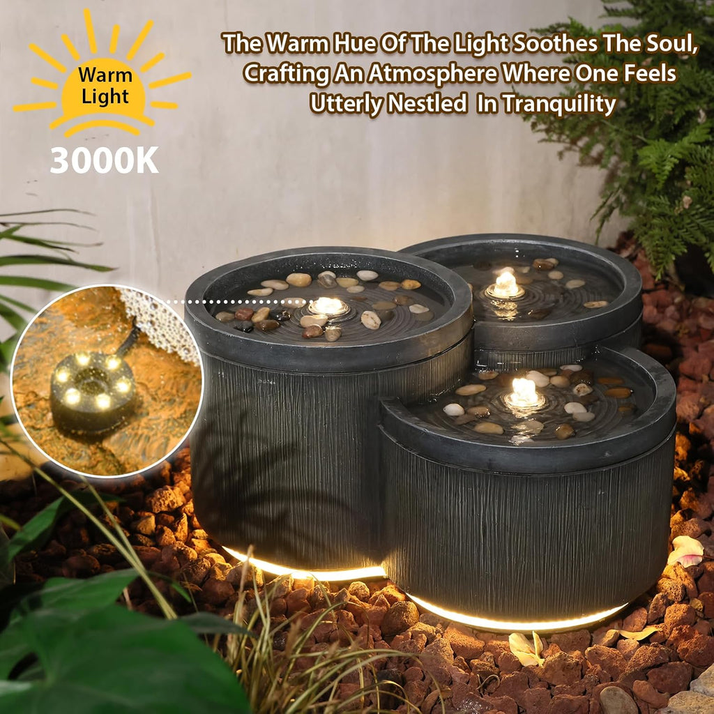 Small Modern Outdoor Water Fountain with 3 Led Lights Tiered Cascading Waterfall Feature with Quiet Pump Floor Water