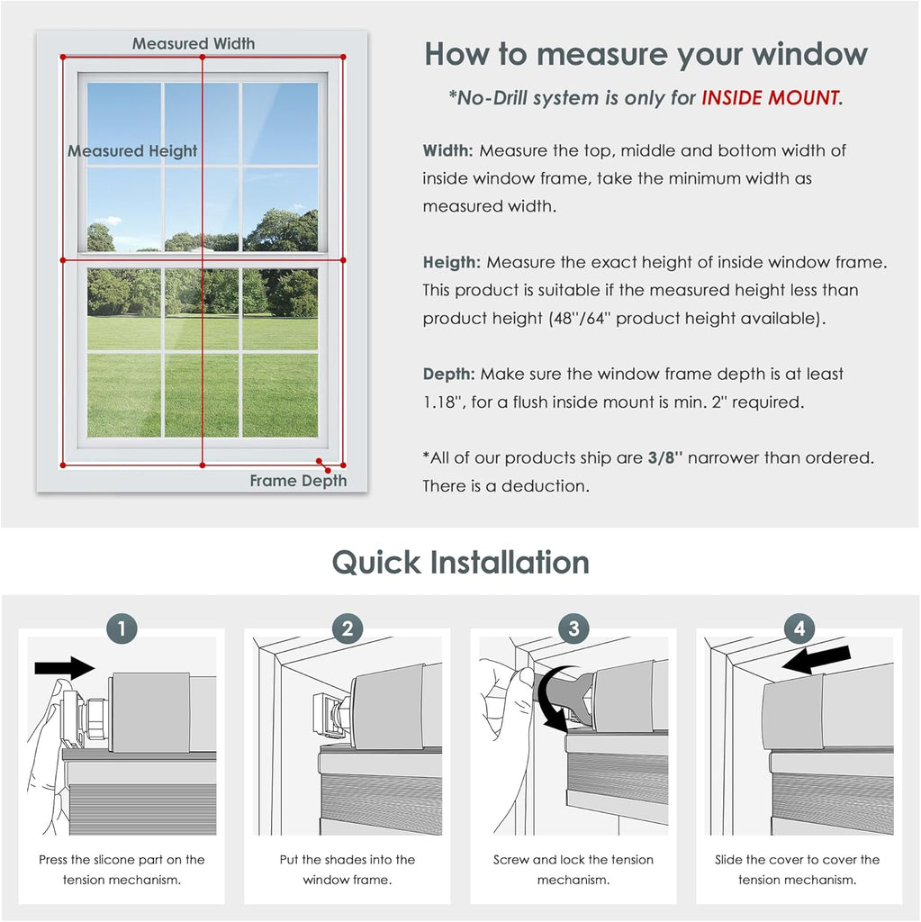 No Drill Cordless Cellular Shades, White | Top Down Bottom Up (TDBU) Honeycomb Shades, Blackout Light Blocking